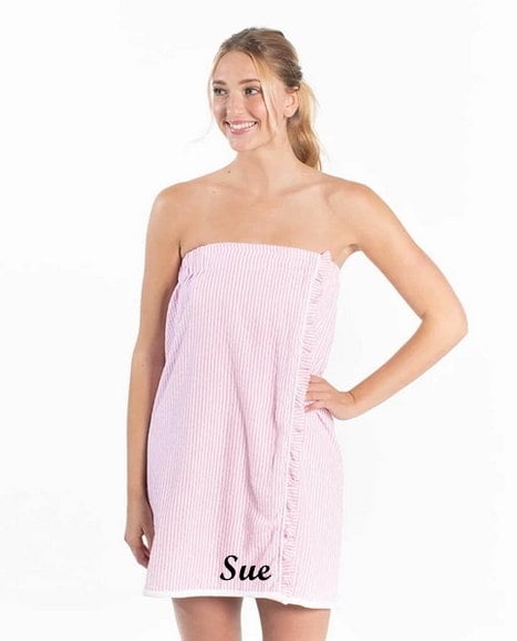 Pink Seersucker spa wrap. This wrap is 100% Cotton, terry cloth inside and it also has pink stripes outside